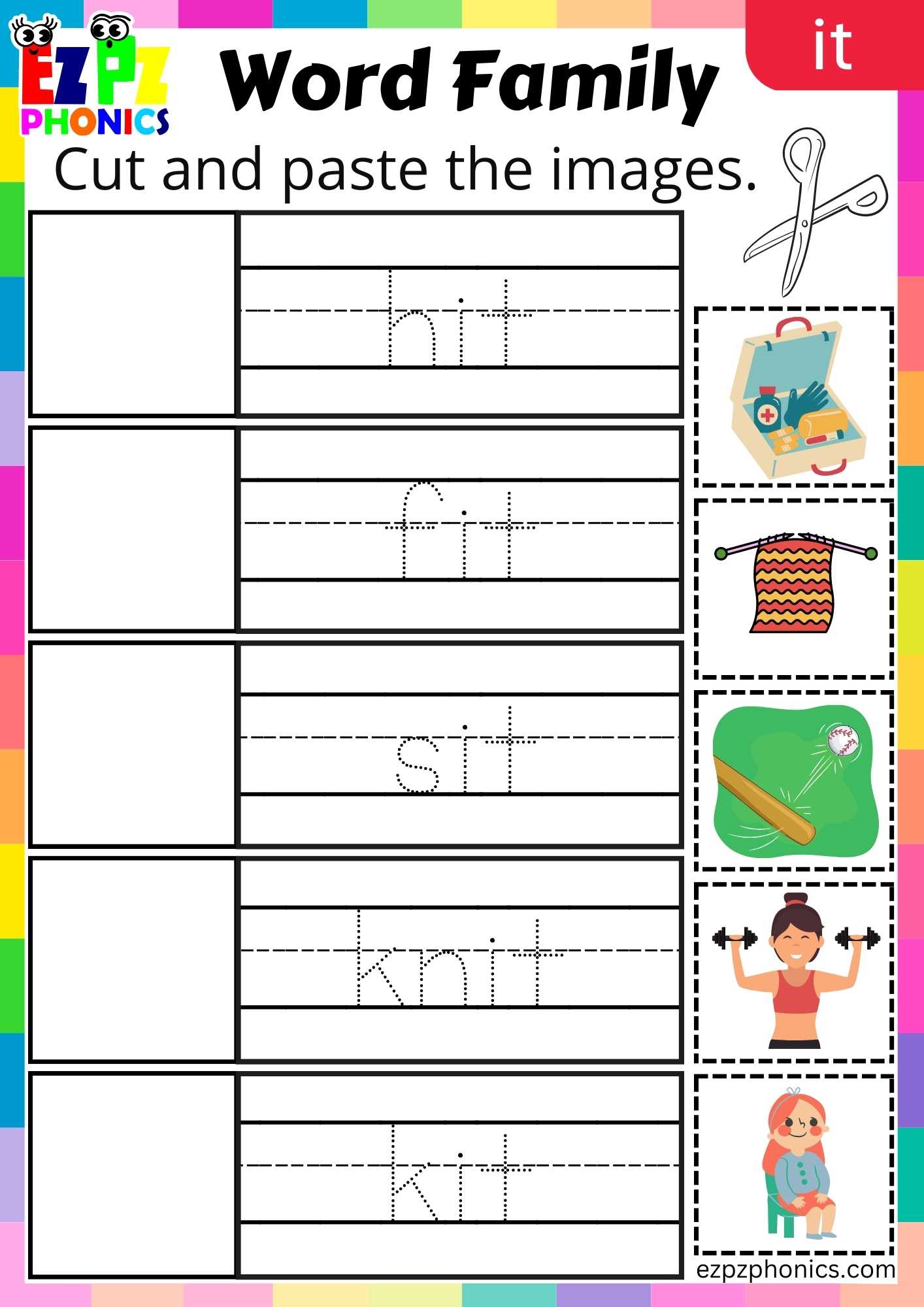IT Words Cut And Paste The Images Phonics Word Families Worksheet
